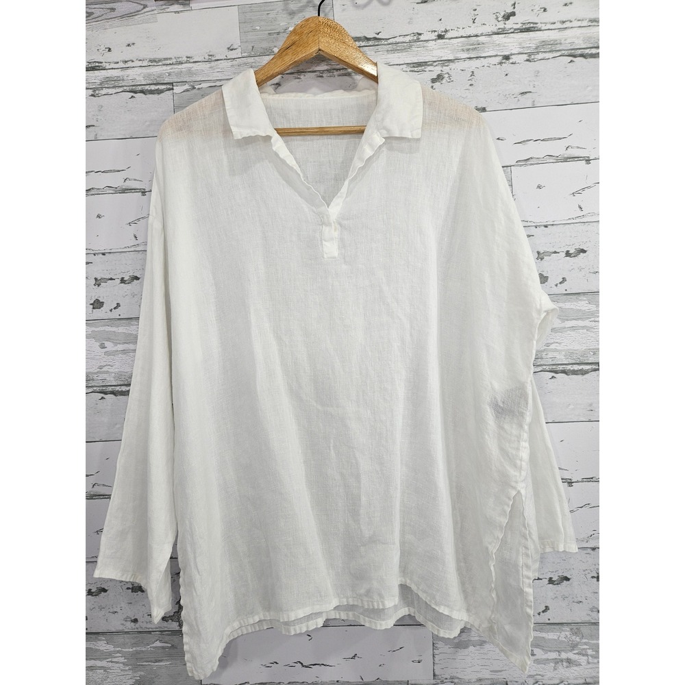 Womens 100% Irish Linen Tunic Top‎ White Long Sleeve V-Neck Oversized Shirt
